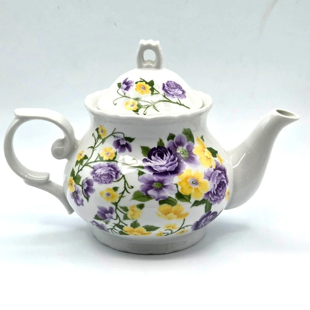 Vintage‎ Teapot Purple and Yellow Flowers Unmarked Cottage Core